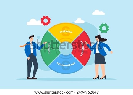 SWOT analysis, strategic planning tool, framework concept vector illustration. Business analyst organizing and examining strengths, weaknesses, opportunities, and threats quadrants