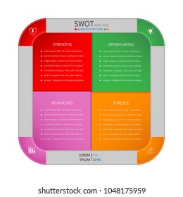 SWOT analysis. Strengths, weaknesses, opportunities and threats. Infographic design template. Vector illustration for presentation, report. Eps 10
