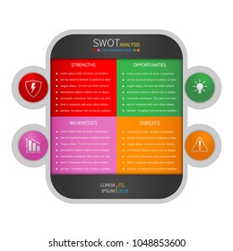 SWOT analysis. Strengths, weaknesses, opportunities and threats. Infographic design template. Vector illustration for presentation, report. Eps 10