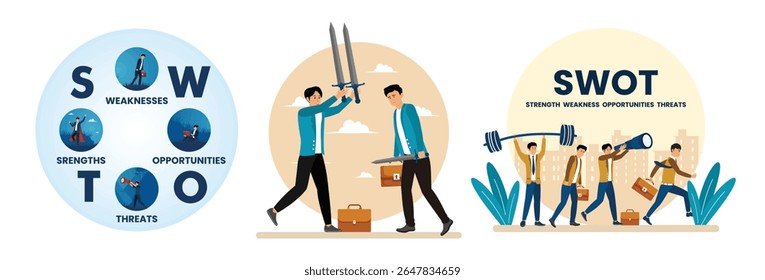 Pontos fortes, pontos fracos, oportunidades e ameaças da análise SWOT. Empresário confiante segurando espada forte e outro segurando fraco.  Uma equipe que analisa os aspectos comerciais da SWOT.