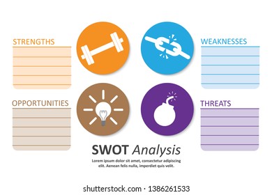 SWOT Analysis table template with Strength, Weaknesses, opportunities and threat that infographic design template, 4 rectangle text boxes for presentation, report and project management tool.