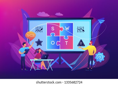 SWOT Analyseteam arbeitet an einer Liste Ihrer Möglichkeiten, Strategiekontrolle und Überwachung. SWOT Analyse und Matrix, strategisches Planungskonzept. Helle, lebendige violette Vektorgrafik einzeln