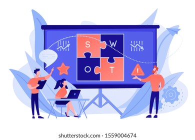 SWOT analysis team working on list of your opportunities, strategizing and monitoring. SWOT analysis and matrix, strategic planning concept. Pinkish coral bluevector isolated illustration