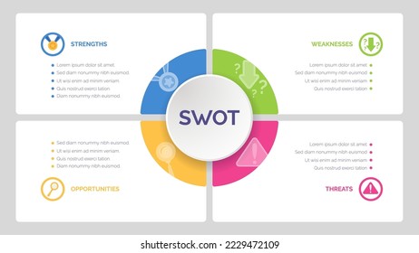 SWOT analysis template for strategic company planning. Four colorful elements with space for text inside. Modern Infographic design template. Vector illustration. 