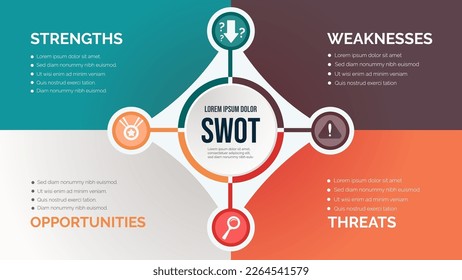 SWOT analysis template for strategic company planning. Four colorful elements with space for text inside. Modern Infographic design template. Vector illustration