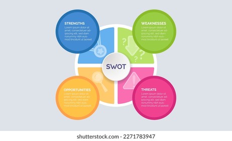 SWOT analysis template for strategic company planning. Four colorful elements with space for text inside. Modern Infographic design template. Vector illustration