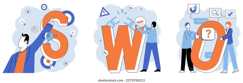 Análisis SWOT. Ilustración vectorial. Los iconos sirven como representaciones visuales ideas y conceptos Los modelos proporcionan un marco para entender procesos complejos Los diseños determinan los elementos de disposición visual