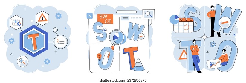 SWOT analysis. Vector illustration. Layouts determine visual arrangement elements in design Elements are building blocks design Management plays crucial role in guiding business operations Symbols