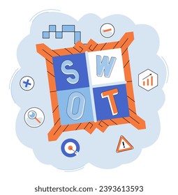 SWOT analysis. Vector illustration. Management plays crucial role in guiding business operations Symbols represent abstract ideas and concepts Marketing strategies aim to promote products and services