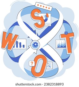 SWOT analysis. Vector illustration. The SWOT metaphor helps assess strengths, weaknesses, opportunities, and threats Infographics visually represent complex information in simplified manner Strengths