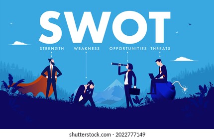 Swot analysis vector illustration - Professional business people posing outdoors, metaphor for strength, weakness, opportunity and threats. Vector illustration