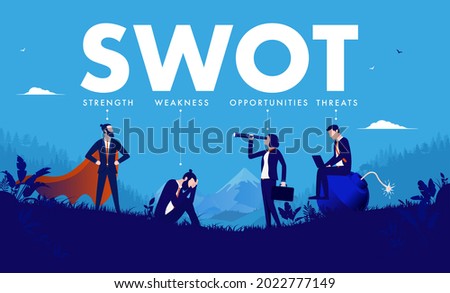 Swot analysis vector illustration - Professional business people posing outdoors, metaphor for strength, weakness, opportunity and threats. Vector illustration