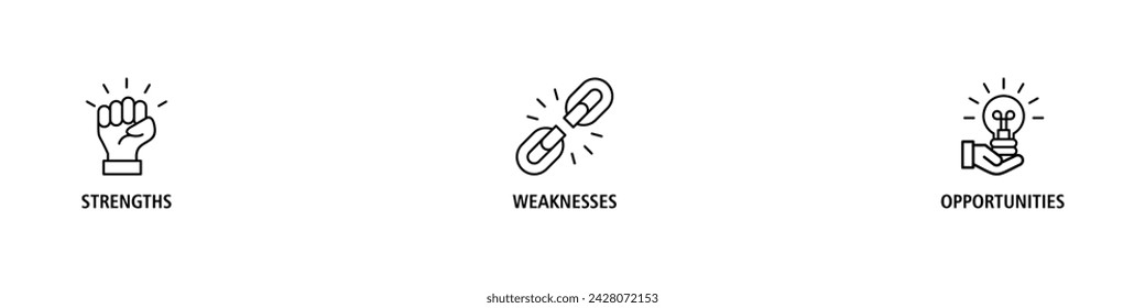 SWOT banner web icon vector illustration concept for strengths, weaknesses, threats, and opportunities analysis with an icon of value, goal, break chain, low battery, growth, check, minus, and crisis