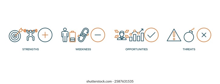 SWOT banner web icon vector illustration concept for strengths, weaknesses, opportunities and threats analysis with an icon of value, goal, break chain, low battery, growth, check, minus, and crisis