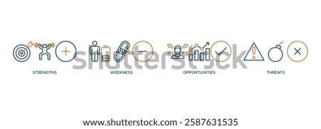 SWOT banner web icon vector illustration concept for strengths, weaknesses, opportunities and threats analysis with an icon of value, goal, break chain, low battery, growth, check, minus, and crisis