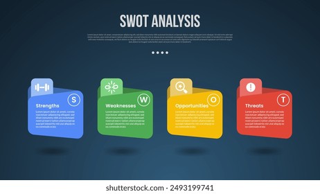 PLANTILLA de infografía de análisis de negocios SWOT con contenedor de caja de carpetas con fondo de sombra y dirección Horizontal con estilo de fondo oscuro con 4 puntos para Vector de presentación de diapositivas