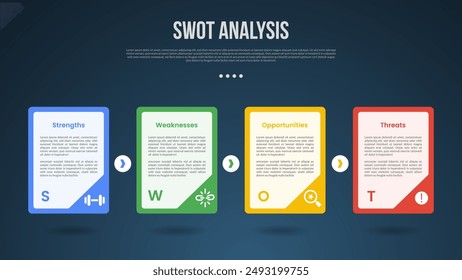 PLANTILLA de infografía de análisis de negocios SWOT con borde afilado de caja de contenedor grande con insignia en la parte inferior con estilo de fondo oscuro con 4 puntos para Vector de presentación de diapositivas