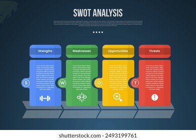 PLANTILLA de infografía de análisis de negocios SWOT con caja de mesa creativa con círculo en el borde con estilo de fondo oscuro con 4 puntos para Vector de presentación de diapositivas