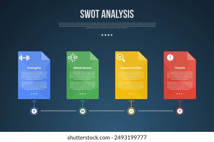 PLANTILLA de infografía de análisis de negocios SWOT con cuadro Horizontal de estilo de línea de tiempo con estilo de fondo oscuro con 4 puntos para Vector de presentación de diapositivas