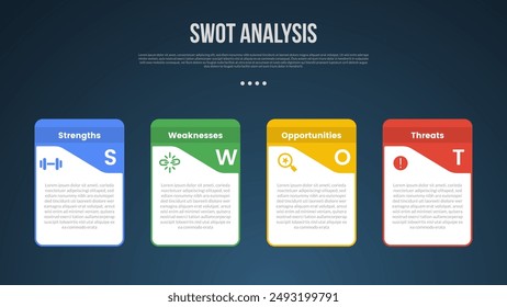 PLANTILLA de infografía de análisis de negocios SWOT con contenedor de caja creativa con posición superior fuerte con estilo de fondo oscuro con 4 puntos para Vector de presentación de diapositivas