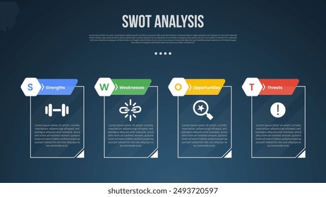 PLANTILLA de infografía de análisis de negocios SWOT con tabla de esquema creativo con insignia de encabezado cortada con estilo de fondo oscuro con 4 puntos para Vector de presentación de diapositivas