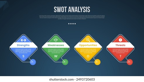 PLANTILLA de infografía de análisis de negocios SWOT con forma de diamante con pie de conexión de línea con estilo de fondo oscuro con 4 puntos para Vector de presentación de diapositivas