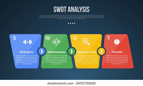 SWOT business analysis infographic template with unbalance box size sledge on horizontal direction with dark background style with 4 point for slide presentation vector