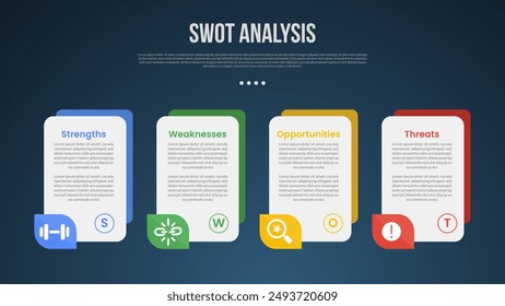 PLANTILLA de infografía de análisis de negocios SWOT con caja de Vertical y parte inferior lateral de accesorios con estilo de fondo oscuro con 4 puntos para Vector de presentación de diapositivas