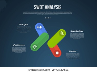 PLANTILLA de infografía de análisis de negocios SWOT con cuadro de rectángulo redondo creativo crear una forma con estilo de fondo oscuro con 4 puntos para el Vector de presentación de diapositivas