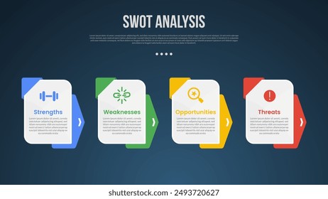 PLANTILLA infográfica de análisis de negocios SWOT con mesa de caja con accesorios de fondo de flecha con estilo de fondo oscuro con 4 puntos para Vector de presentación de diapositivas