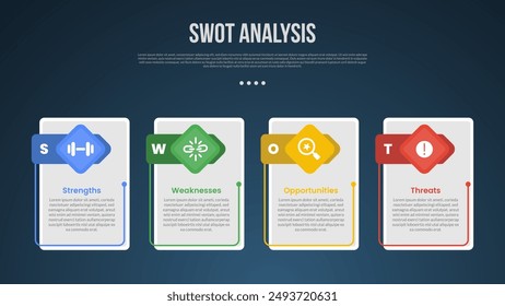 PLANTILLA de infografía de análisis de negocios SWOT con caja de Vertical con insignia de encabezado creativo con estilo de fondo oscuro con 4 puntos para Vector de presentación de diapositivas