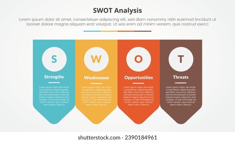 swot business framework strategic template infographic concept for slide presentation with arrow badge shape bottom direction 4 point list with flat style