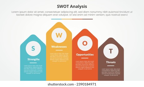 swot business framework strategic template infographic concept for slide presentation with arrow shape on rectangle with top direction 4 point list with flat style