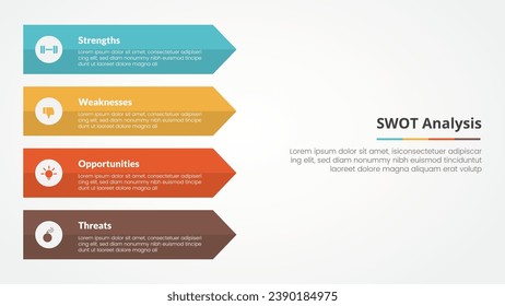 esquema de negocio de swot concepto de infografía de plantilla estratégica para presentación de diapositivas con flecha rectangular en el lado izquierdo lista de 4 puntos con estilo plano