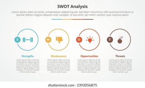swot business framework strategic template infographic concept for slide presentation with big outline circle on horizontal direction with 4 point list with flat style