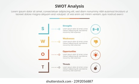 swot business framework strategic template infographic concept for slide presentation with modified square shape vertical stack with 4 point list with flat style