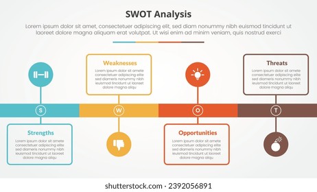 swot business framework strategic template infographic concept for slide presentation with timeline style with outline box and circle point with 4 point list with flat style
