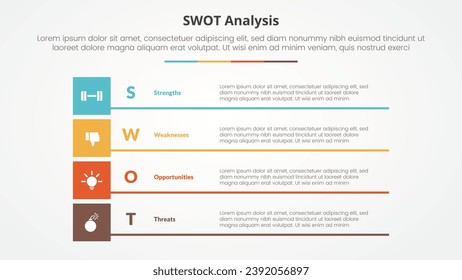 swot business framework strategic template infographic concept for slide presentation with boxed creative rectangle stack with 4 point list with flat style