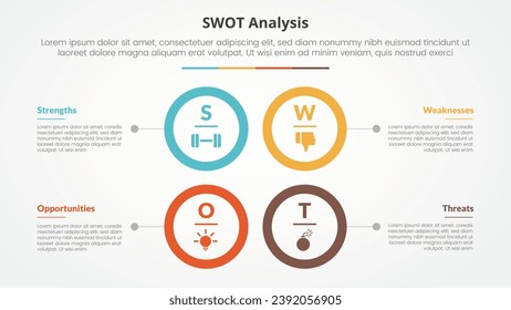 swot business framework strategic template infographic concept for slide presentation with big circle outline square structure 4 point list with flat style