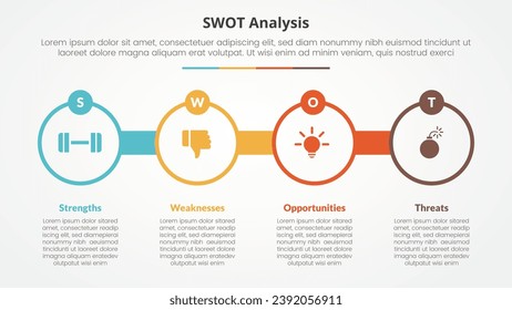 esquema de negocio de swot concepto de infografía de plantilla estratégica para presentación de diapositivas con contorno de círculo grande con insignia de círculo lista de 4 puntos con estilo plano