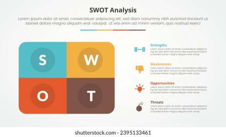 swot business framework strategic template infographic concept for slide presentation with round box rectangle with 4 point list with flat style
