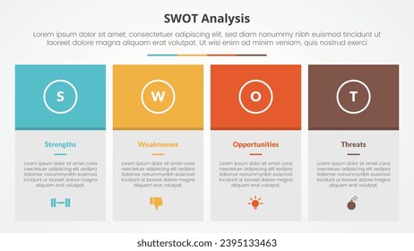 swot business framework strategic template infographic concept for slide presentation with big box table and colorfull header with 4 point list with flat style