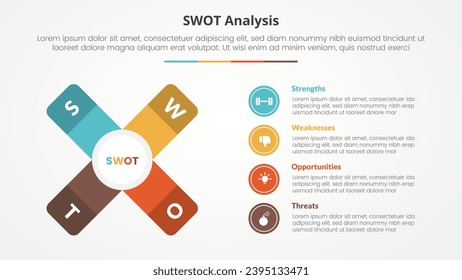 swot business framework strategic template infographic concept for slide presentation with x cross shape with vertical description with 4 point list with flat style