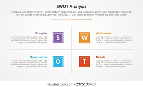 swot business framework strategic template infographic concept for slide presentation with square base and cross line center with 4 point list with flat style