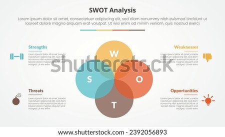 swot business framework strategic template infographic concept for slide presentation with big circle unite venn blend combination 4 point list with flat style