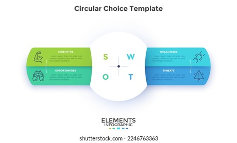 SWOT business model with circular element in center. Concept of advantages and disadvantages of company. Simple infographic design template. Modern flat vector illustration for data visualization.