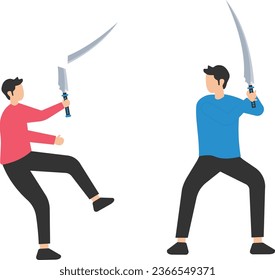 SWOT Business strength and weakness analysis to see opportunity and threats, Strategy plan to win business competition, Holding strong sword and other holding weak


