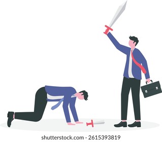 SWOT Business strength and weakness analysis to see opportunity and threats, strategy plan to win business competition concept, confidence businessman holding strong sword and other holding weak one.
