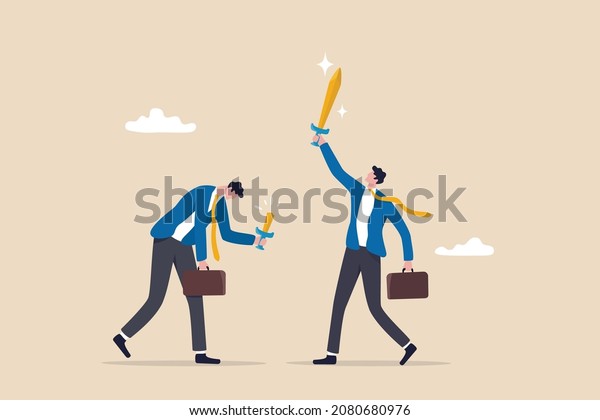 SWOT Business strength and weakness analysis to see\
opportunity and threats, strategy plan to win business competition\
concept, confidence businessman holding strong sword and other\
holding weak one.