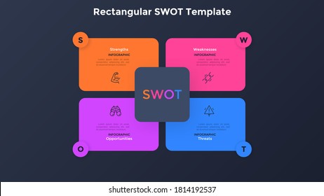 SWOT chart with 4 colorful rectangular elements. Concept of company's threats, weaknesses, strengths, opportunities. Infographic design template. Minimal vector illustration for strategic planning.